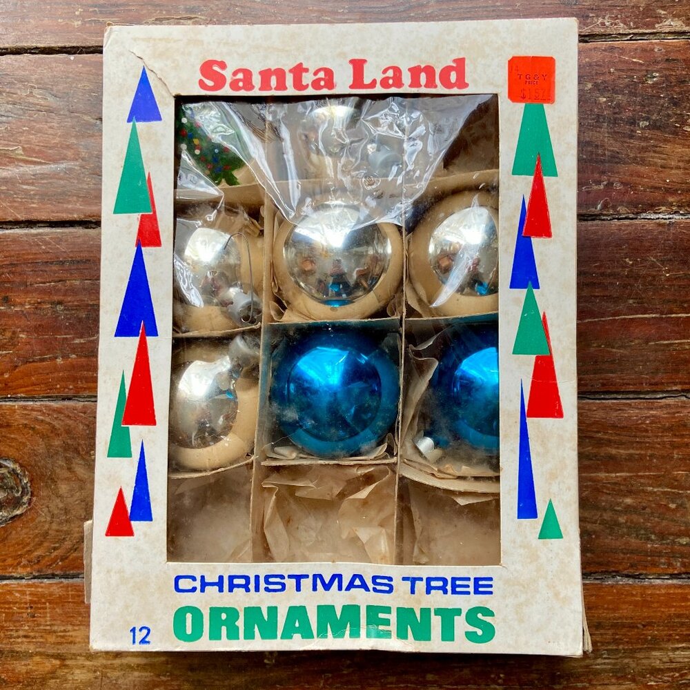 8 Vintage SANTA LAND Ball Glass Christmas Ornaments Boxed 2" Blue Silver Poland